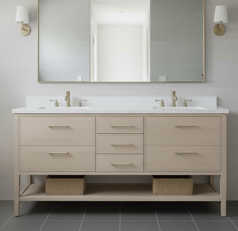 Bathroom vanity with double sink and large mirror above, featuring a neutral color scheme.
