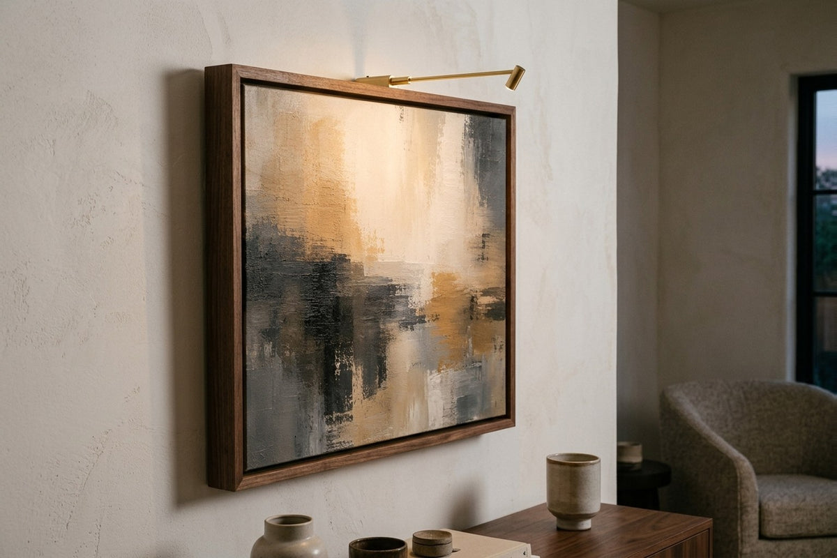 Walnut floating frame with a brass frame light, in afternoon daylight