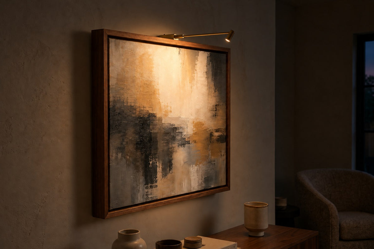 The same walnut floating frame in the evening, lit by the brass frame light