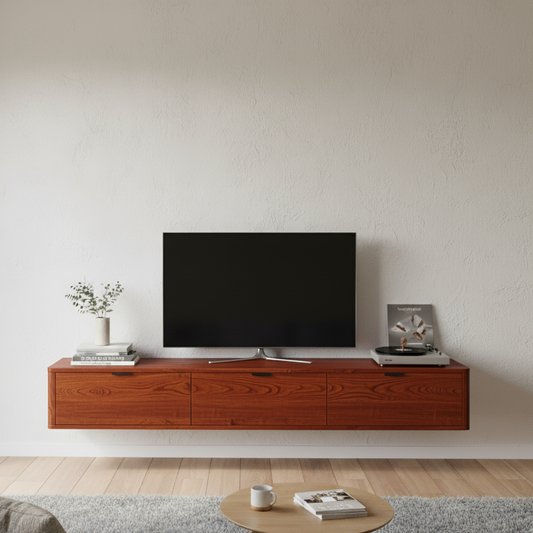 Modern living room with a wooden TV stand and a television mounted on the wall.