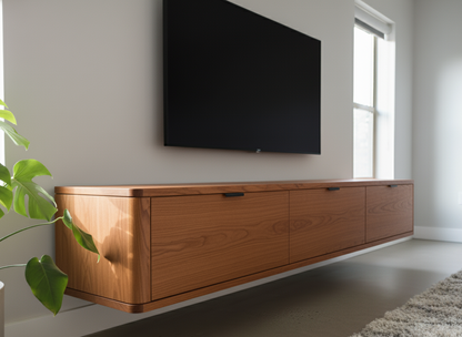 Wooden TV stand with a television mounted on a wall in a modern living room.