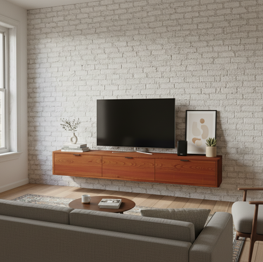 Modern living room with a wooden TV stand, gray sofa, and white brick wall.