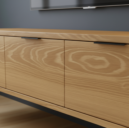 Wooden cabinet with two doors against a gray wall