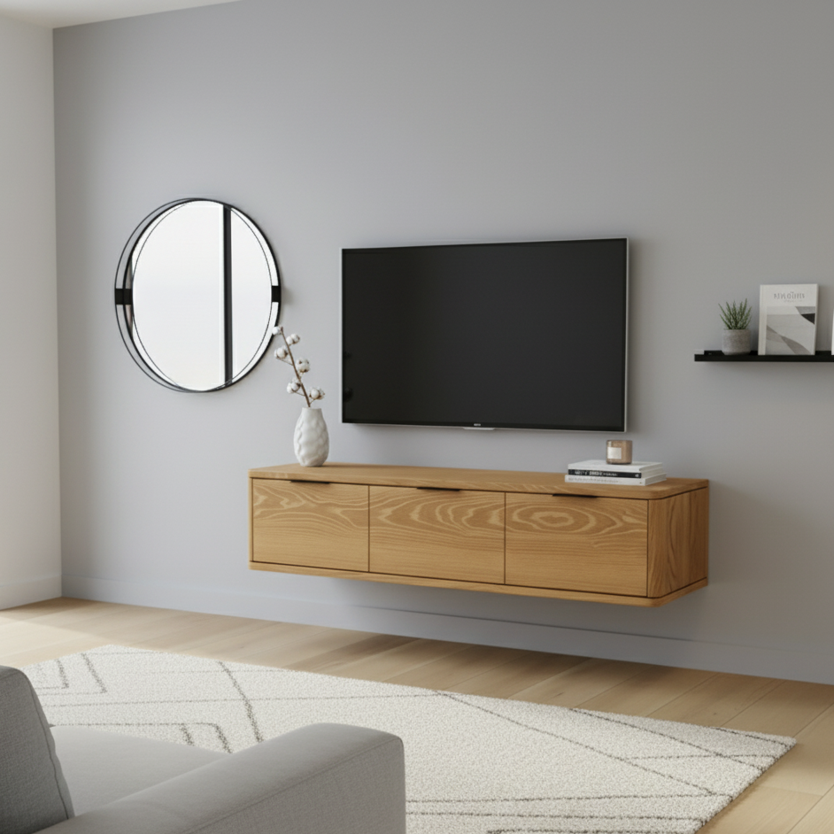 Modern living room with wooden TV stand, flat-screen TV, and decorative items.